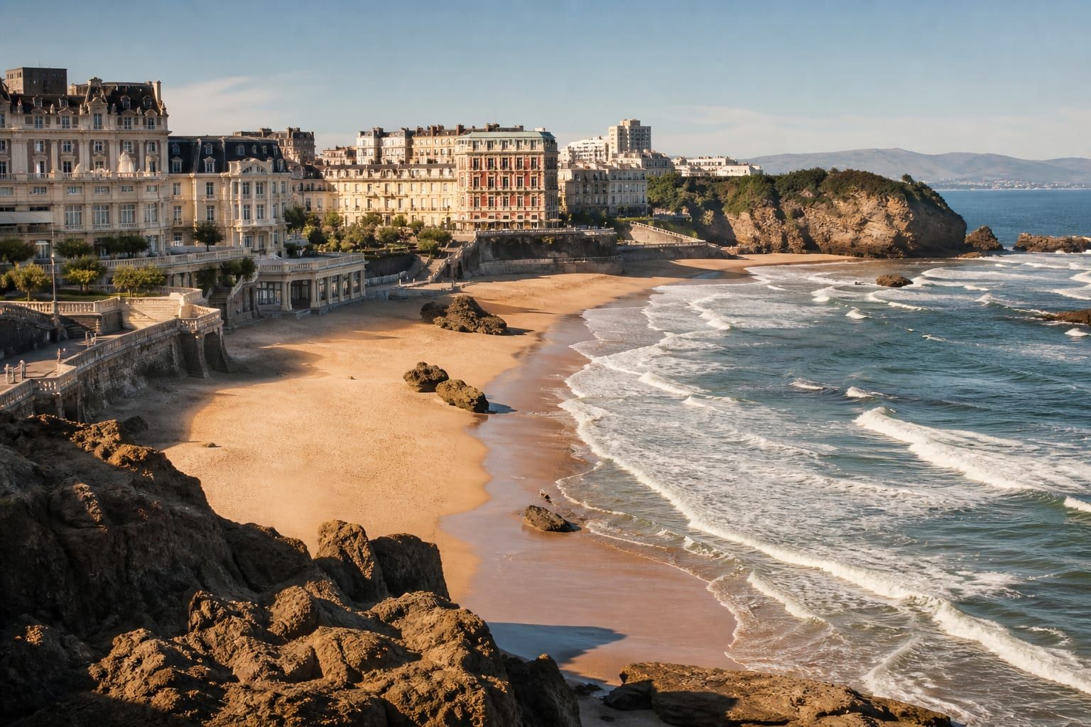 Morning light on Biarritz Grande Plage, with Belle Époque hotels along the promenade