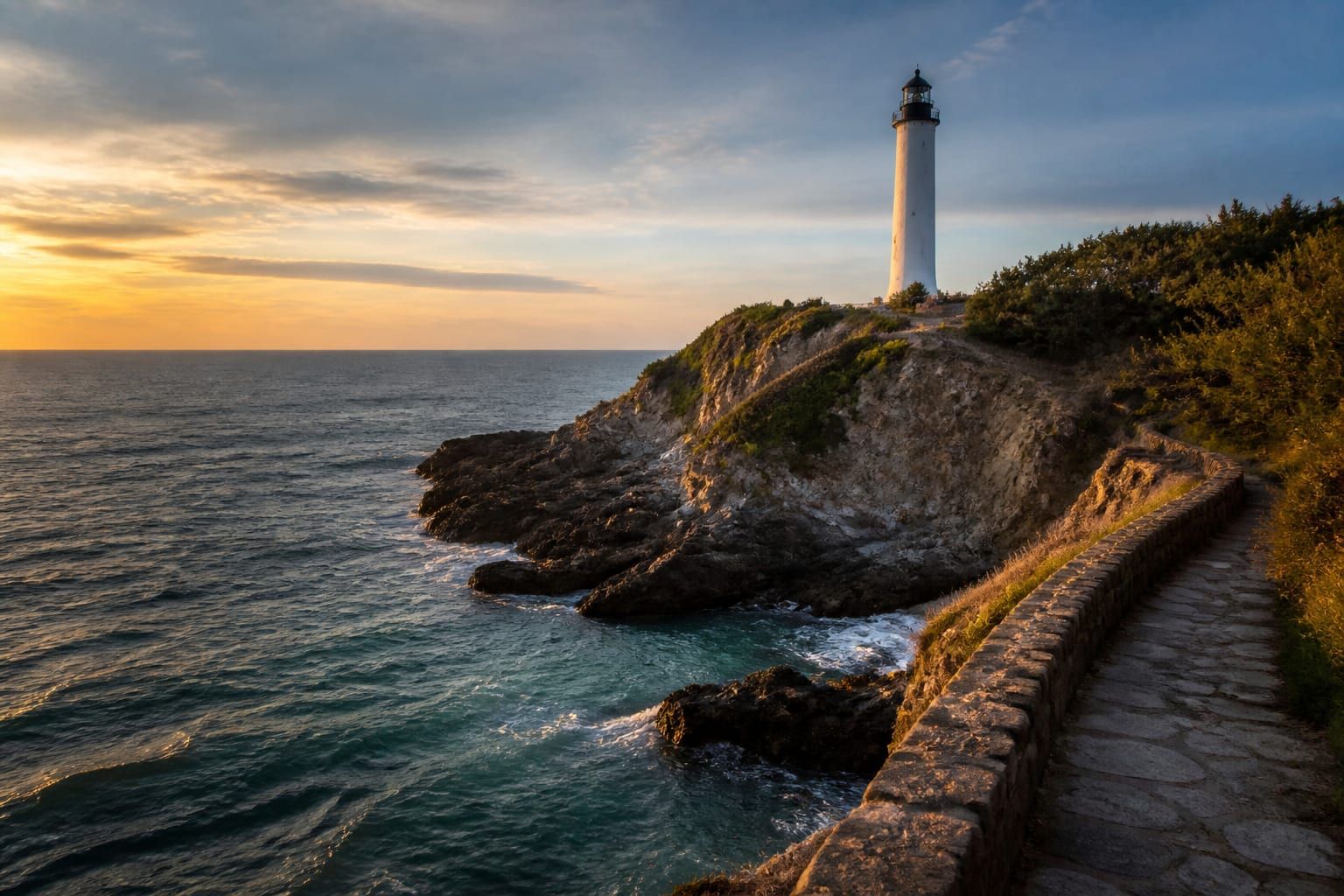 The Biarritz lighthouse on the rocks at dusk above the Atlantic