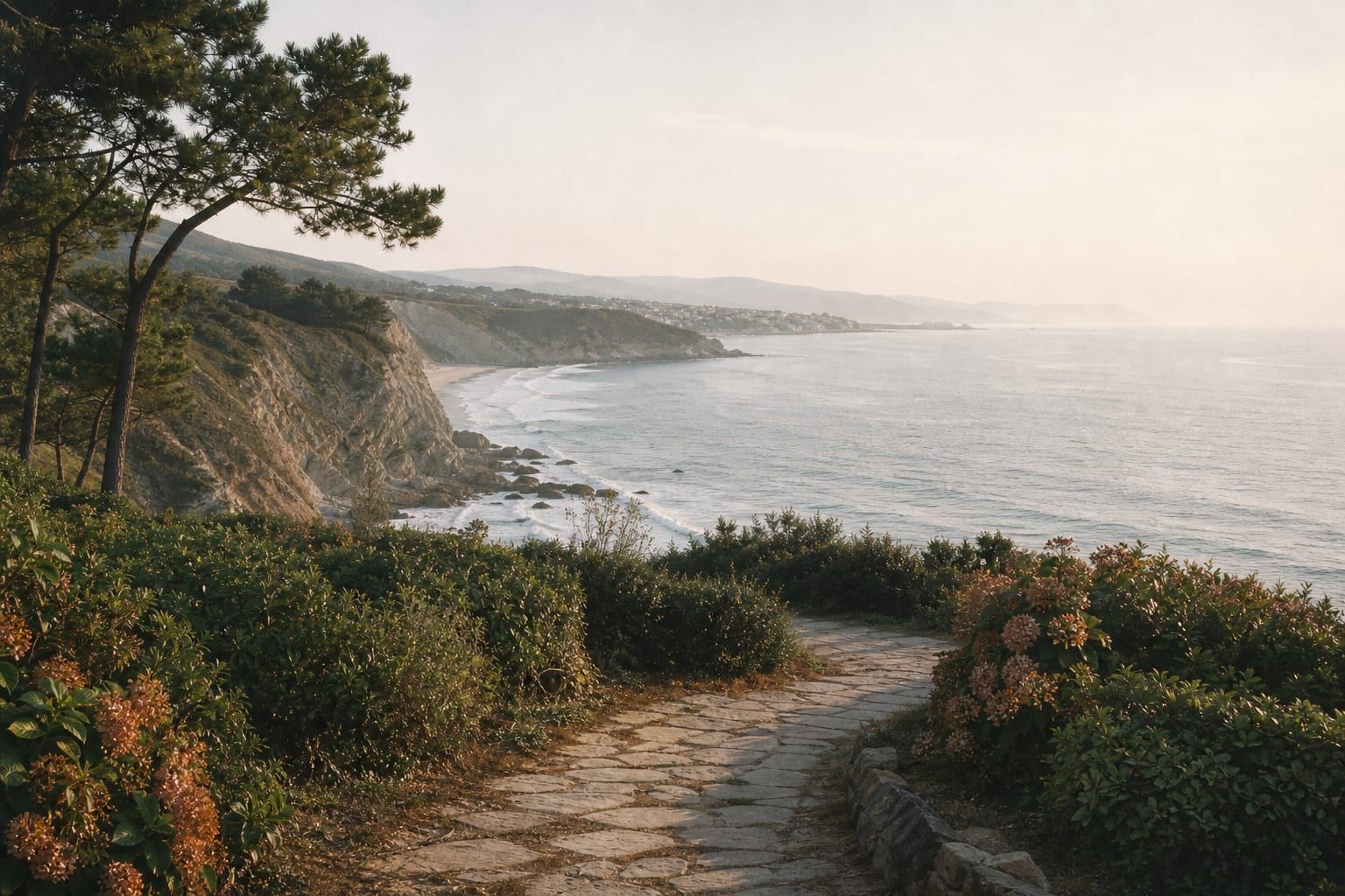Atlantic headland looking along a two-country coastline in morning haze